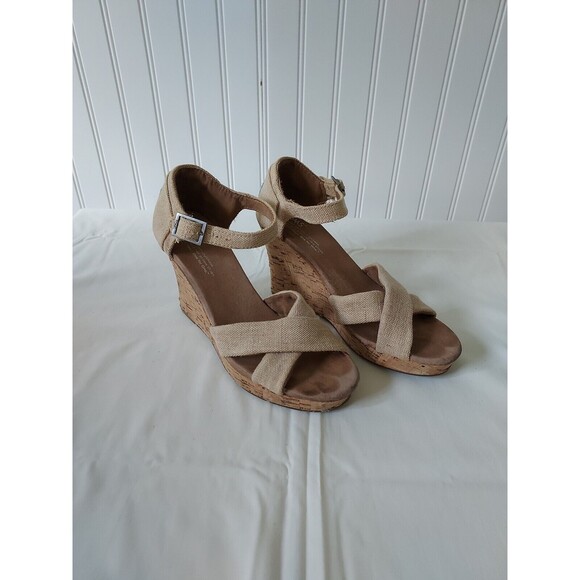 Toms Women's Size 7.5‎ Sierra Natural Canvas Cork Strappy Wedges Sandals - Picture 1 of 15
